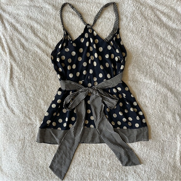 NWT BCBGMaxAzria Silk Black & Tan Dot Tank, Striped Accents, Bow in Back, Sz M - Picture 2 of 4